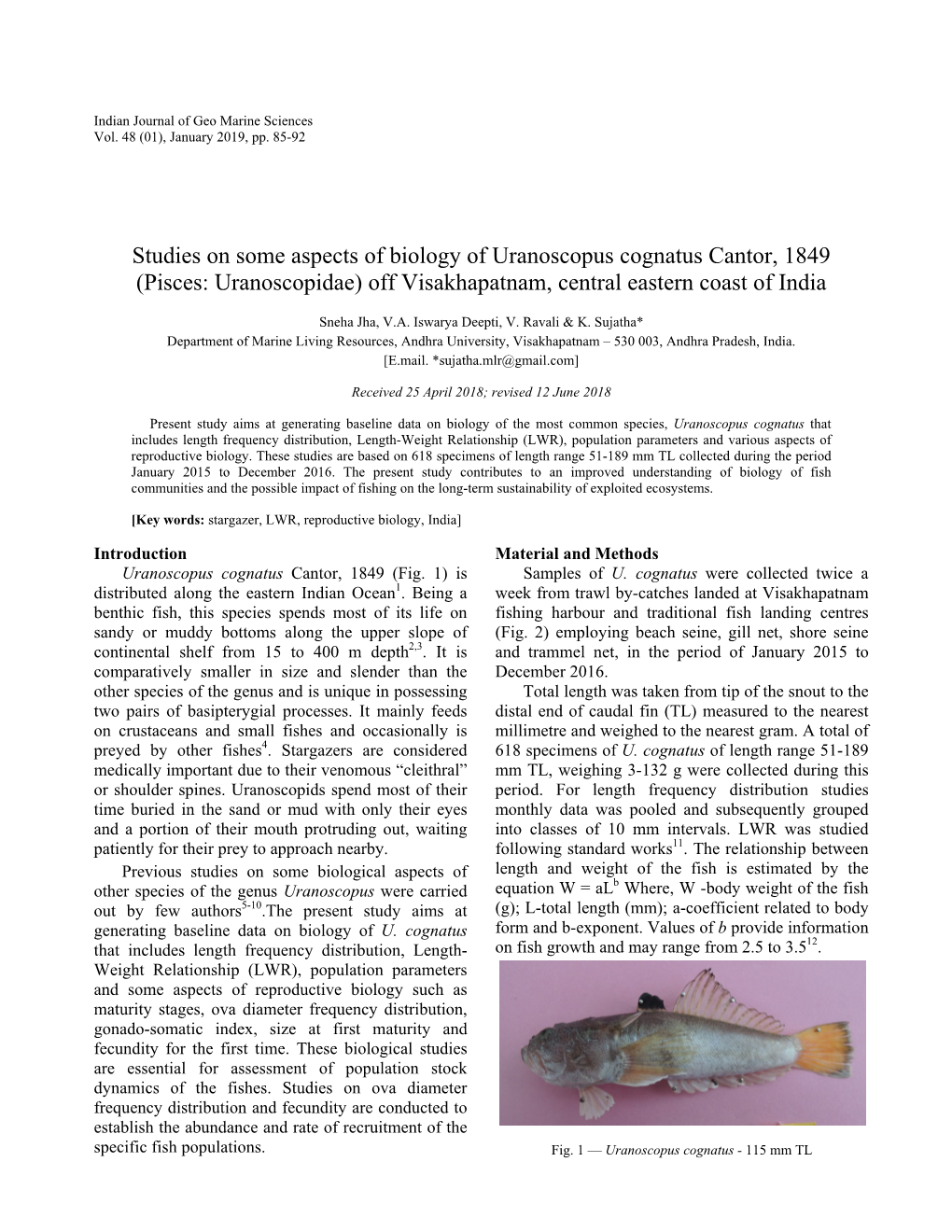 Studies on Some Aspects of Biology of Uranoscopus Cognatus Cantor, 1849 (Pisces: Uranoscopidae) Off Visakhapatnam, Central Eastern Coast of India