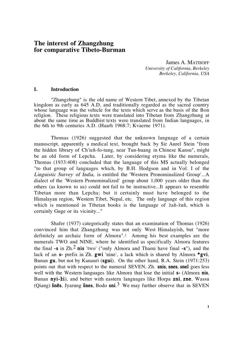 The Interest of Zhangzhung for Comparative Tibeto-Burman