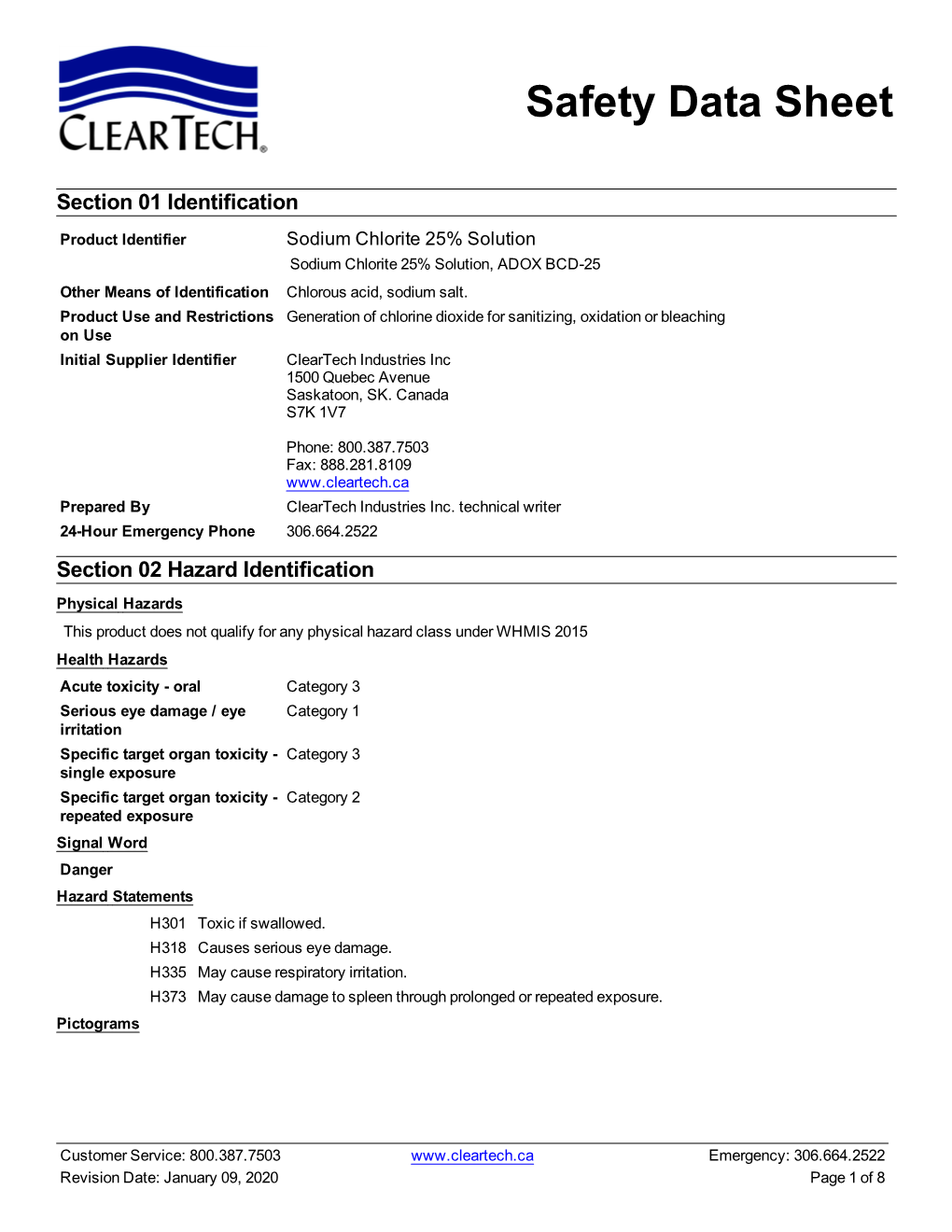 Sodium Chlorite 25% Solution CTI SDS January 09, 2020