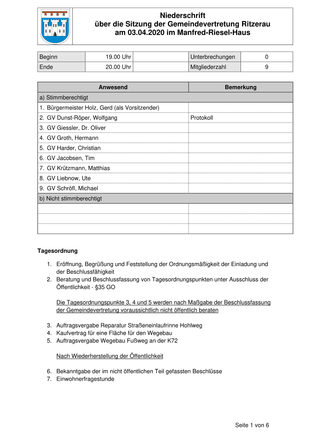 Niederschrift Über Die Sitzung Der Gemeindevertretung Ritzerau Am 03.04.2020 Im Manfred-Riesel-Haus