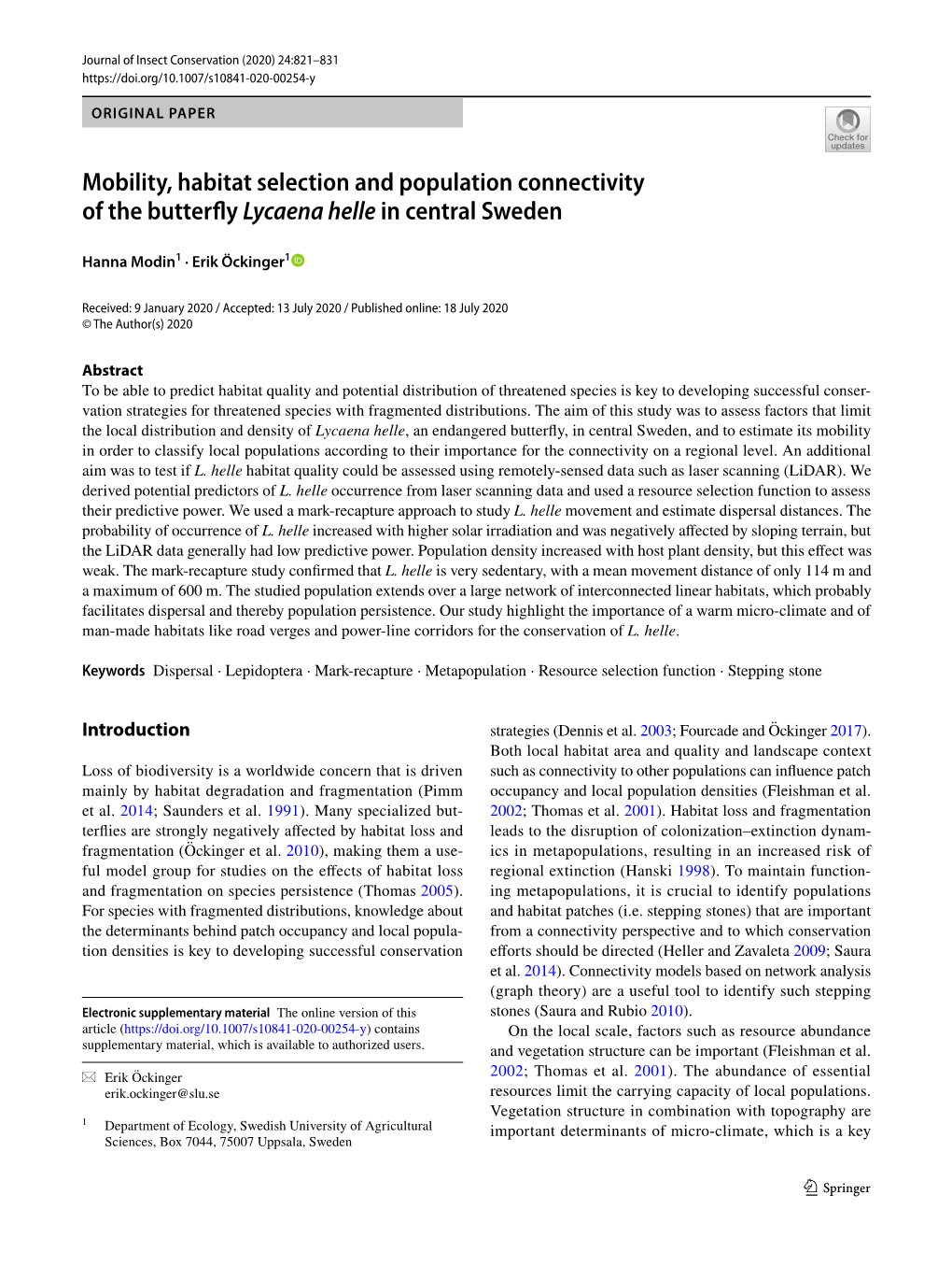 Mobility, Habitat Selection and Population Connectivity of the Butterfy Lycaena Helle in Central Sweden