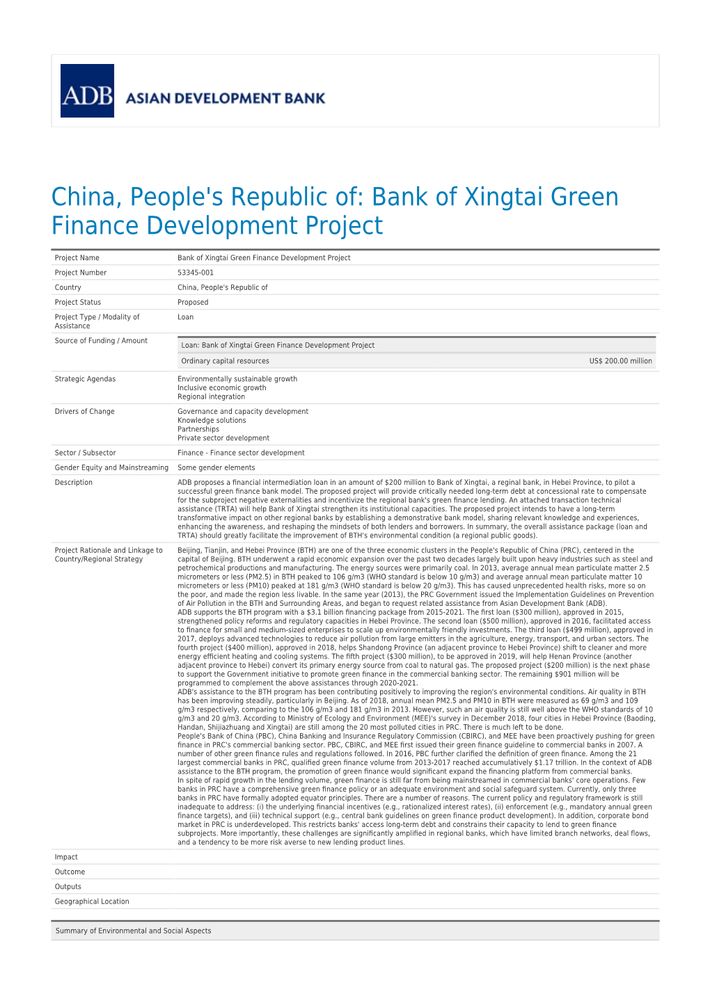 Bank of Xingtai Green Finance Development Project