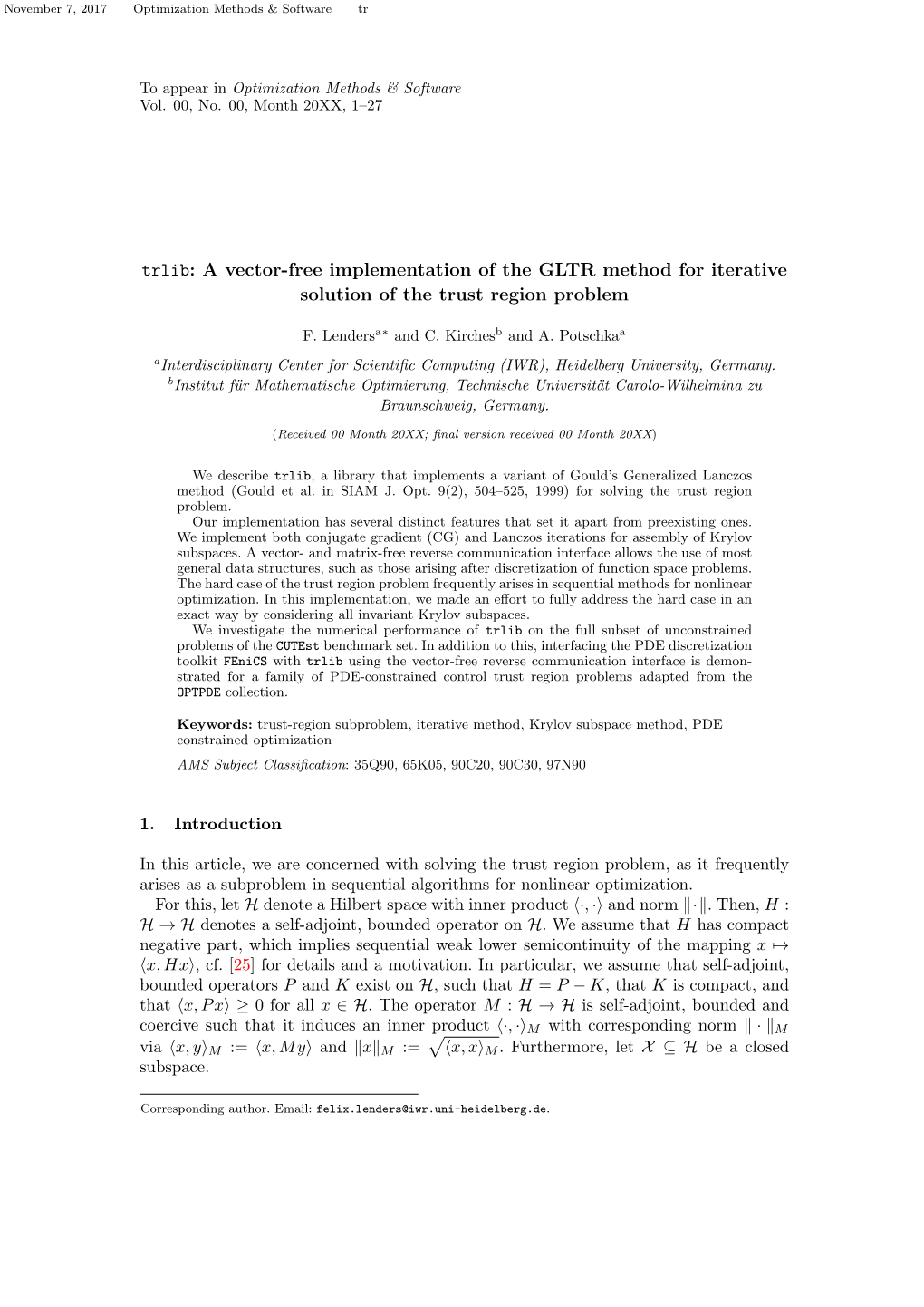 A Vector-Free Implementation of the GLTR Method for Iterative Solution of the Trust Region Problem