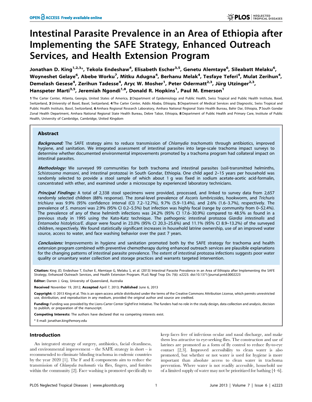 Intestinal Parasite Prevalence in an Area of Ethiopia After Implementing the SAFE Strategy, Enhanced Outreach Services, and Health Extension Program