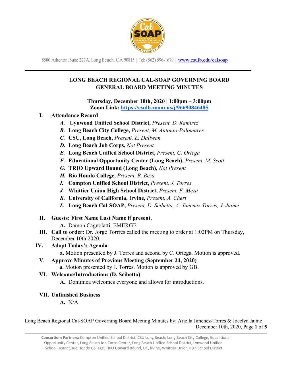Long Beach Regional Cal-Soap Governing Board General Board Meeting Minutes