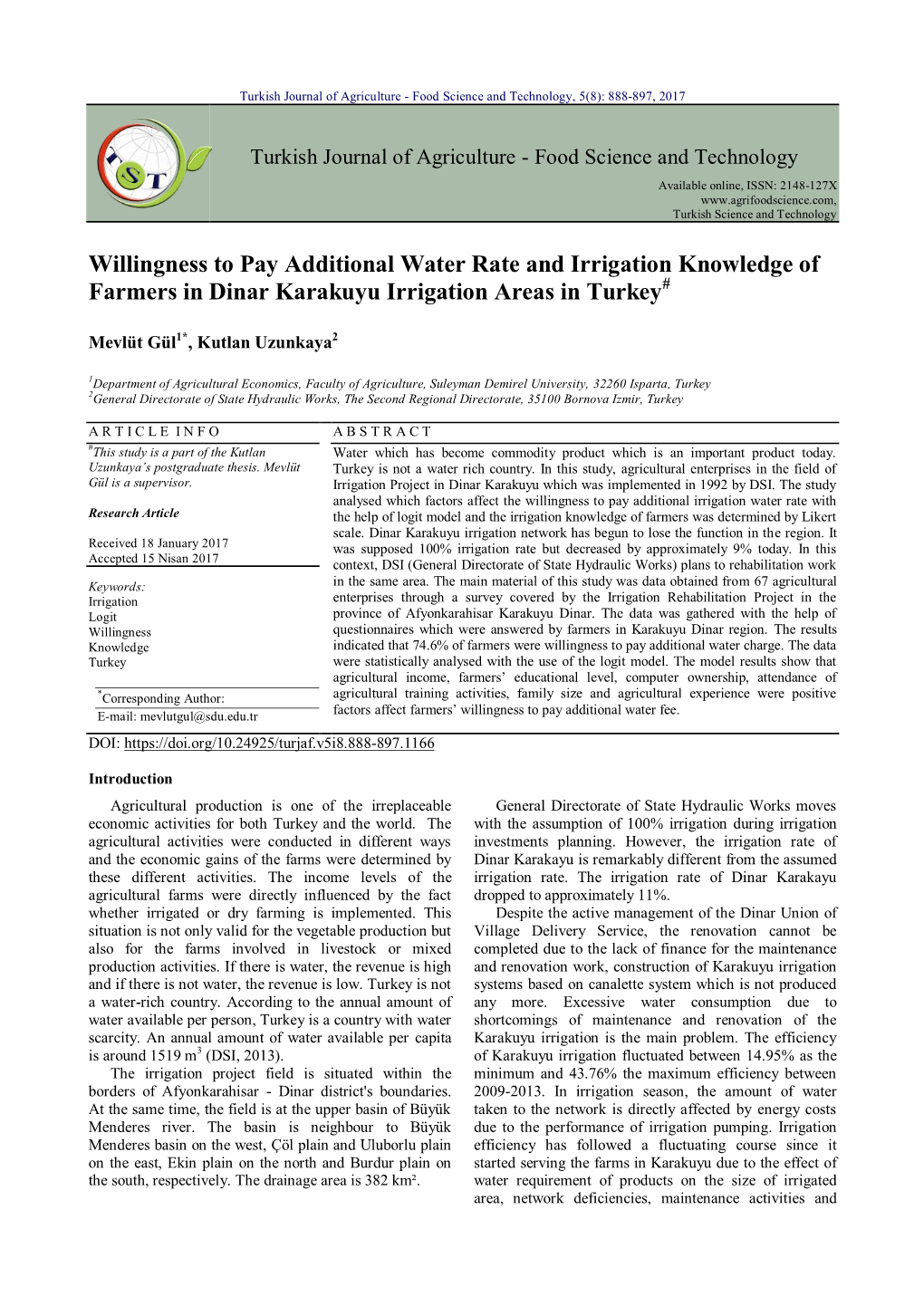 Willingness to Pay Additional Water Rate and Irrigation Knowledge of Farmers in Dinar Karakuyu Irrigation Areas in Turkey