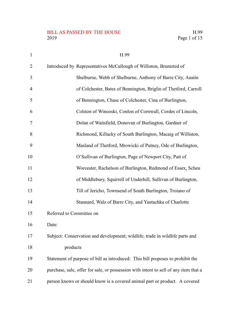 BILL AS PASSED by the HOUSE H.99 2019 Page 1 of 15 H.99