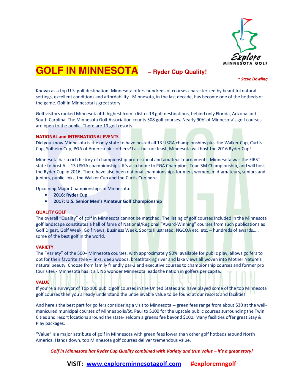 GOLF in MINNESOTA – Ryder Cup Quality! ~ Steve Dowling