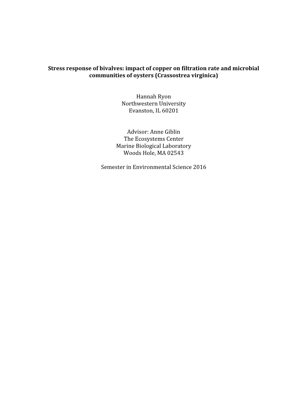 Impact of Copper on Filtration Rate and Microbial Communities of Oysters (Crassostrea Virginica)