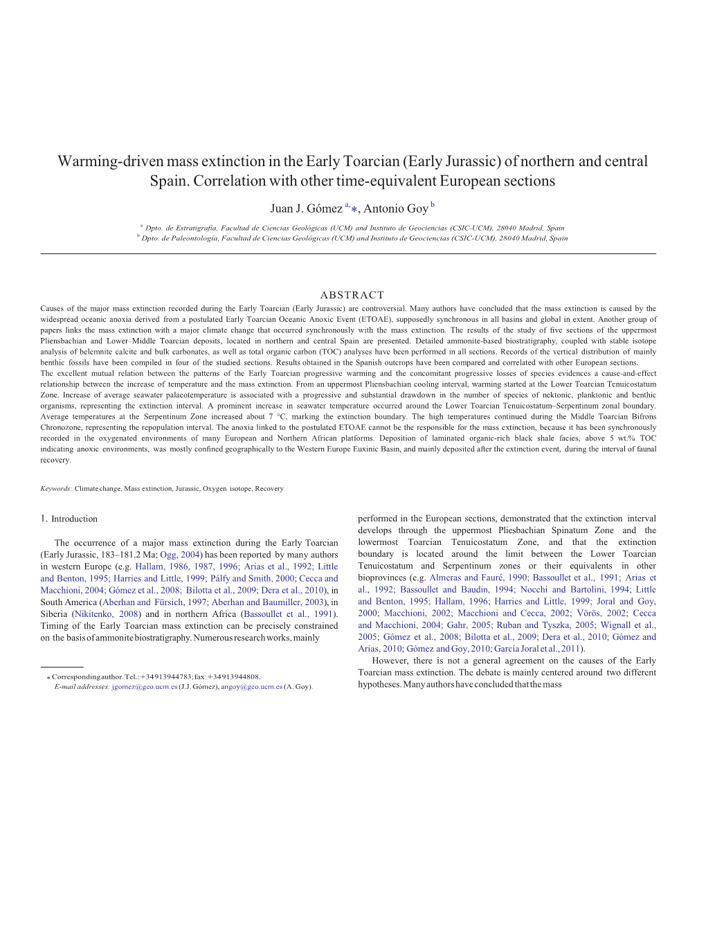 Warming-Driven Mass Extinction in the Early Toarcian (Early Jurassic) of Northern and Central Spain