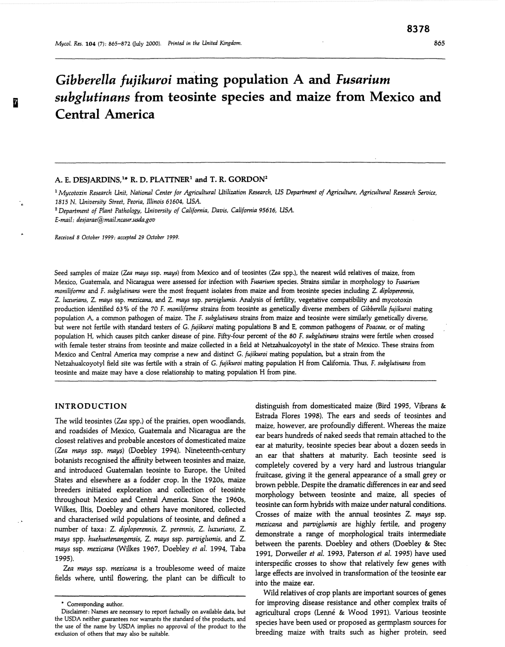 Gibberella Fujikuroi Mating Population a and Fusarium Subglutinans from Teosinte Species and Maize from Mexico and Central America