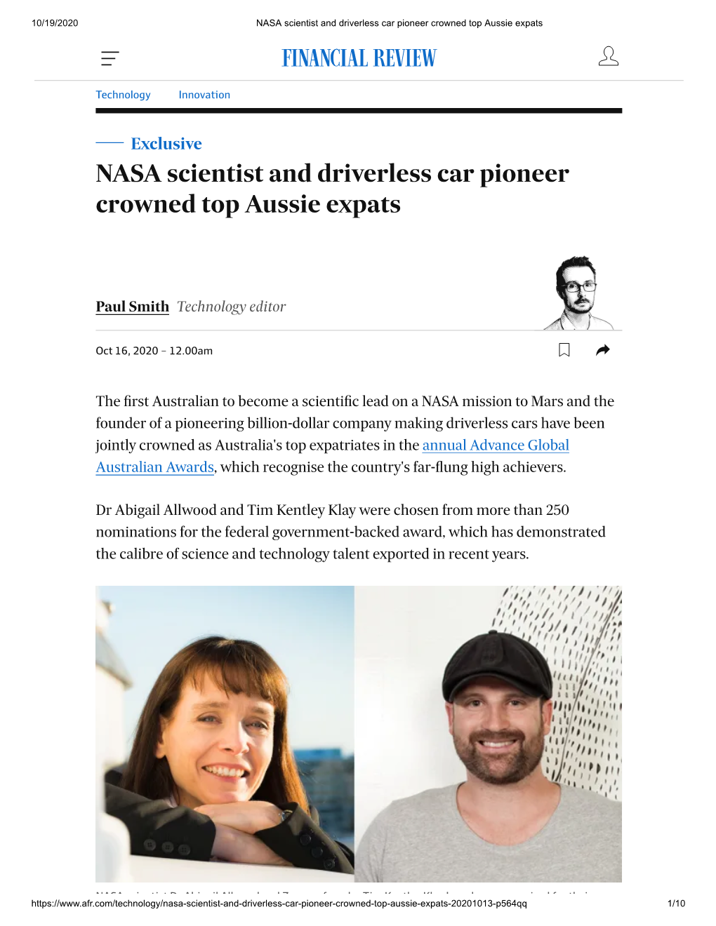 NASA Scientist and Driverless Car Pioneer Crowned Top Aussie Expats