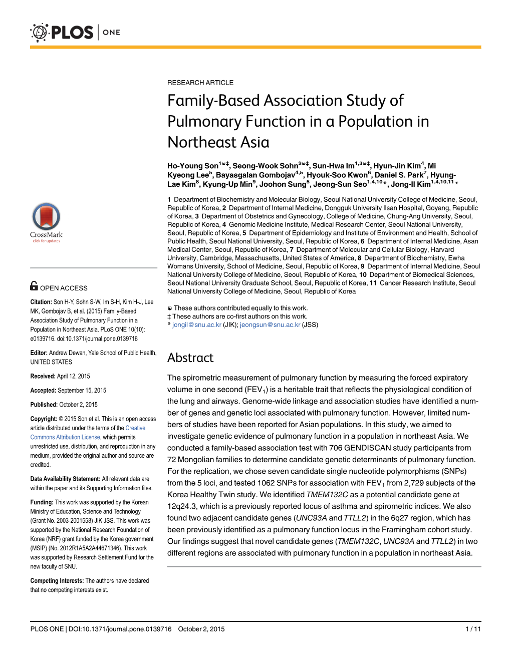 Family-Based Association Study of Pulmonary Function in a Population in Northeast Asia