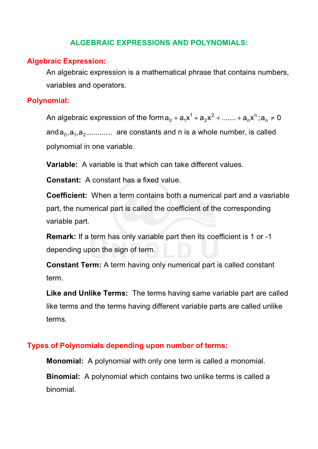 Algebraic Expressions and Polynomials