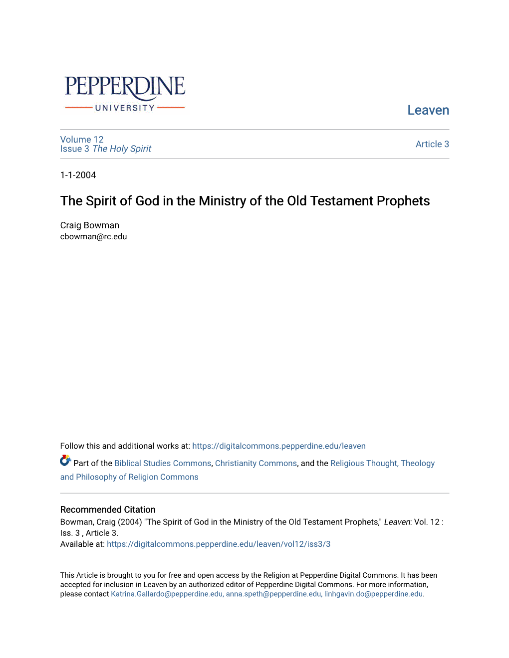 The Spirit of God in the Ministry of the Old Testament Prophets