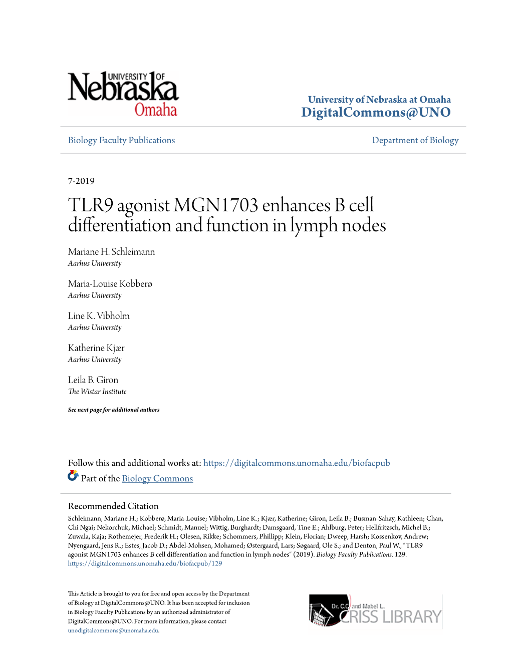 TLR9 Agonist MGN1703 Enhances B Cell Differentiation and Function in Lymph Nodes Mariane H