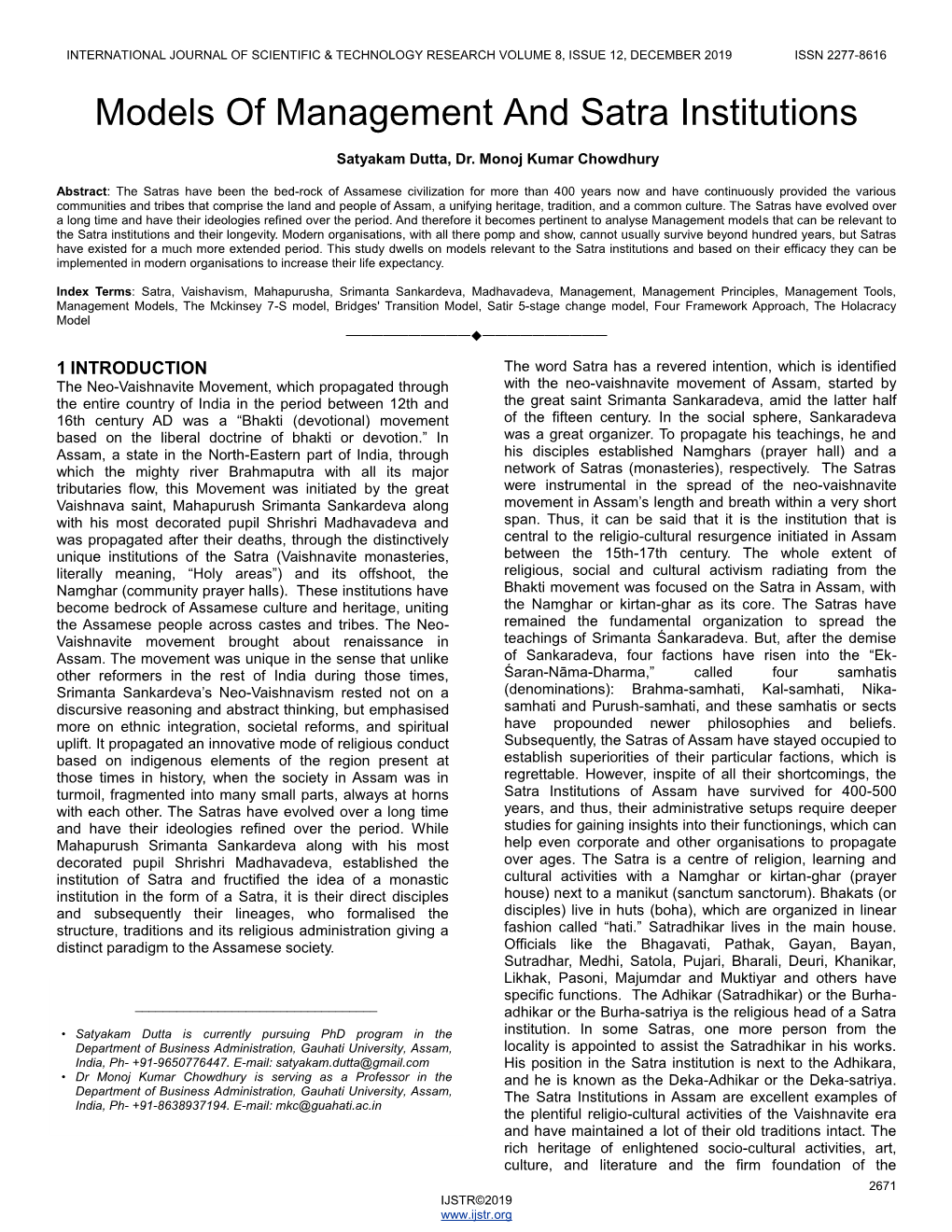 Models of Management and Satra Institutions