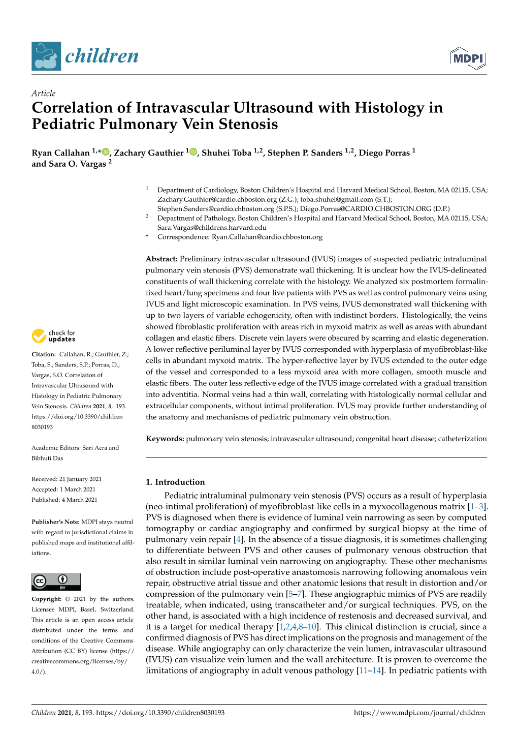 Correlation of Intravascular Ultrasound with Histology in Pediatric Pulmonary Vein Stenosis