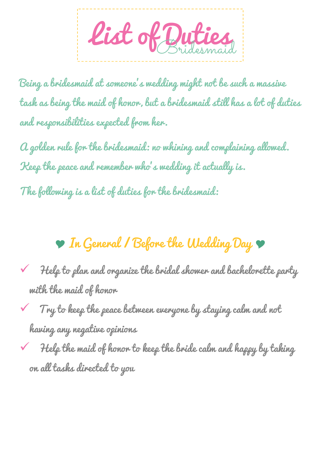 List of Duties for the Bridesmaid