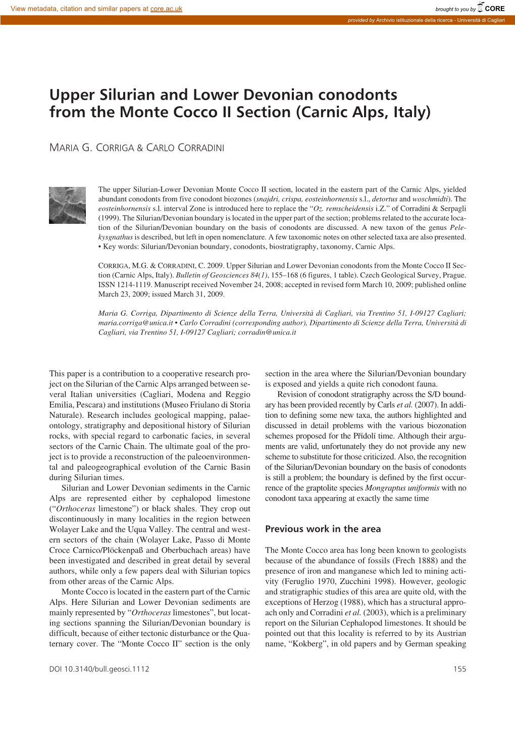 Upper Silurian and Lower Devonian Conodonts from the Monte Cocco II Section (Carnic Alps, Italy)