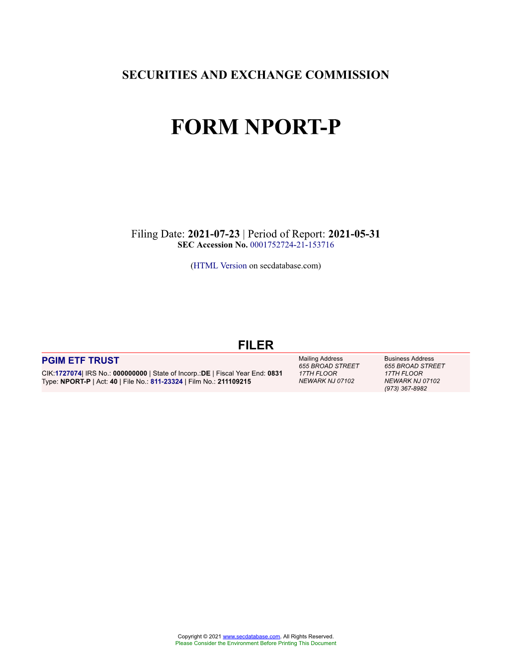 PGIM ETF TRUST Form NPORT-P Filed 2021-07-23