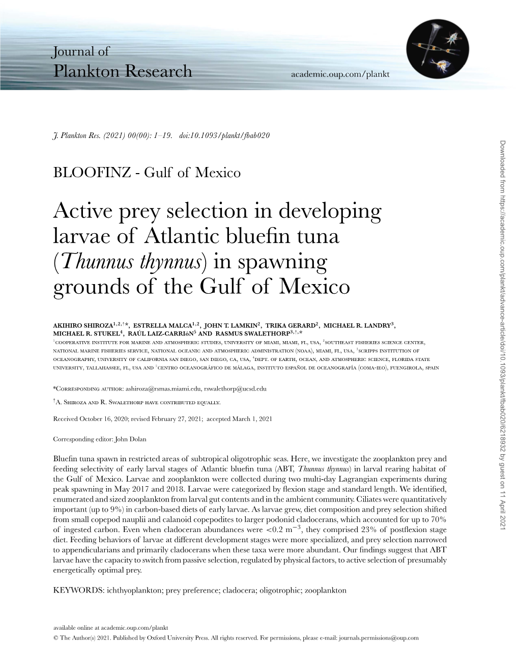 Active Prey Selection in Developing Larvae of Atlantic Bluefin Tuna (Thunnus Thynnus) in Spawning Grounds of the Gulf of Mexico