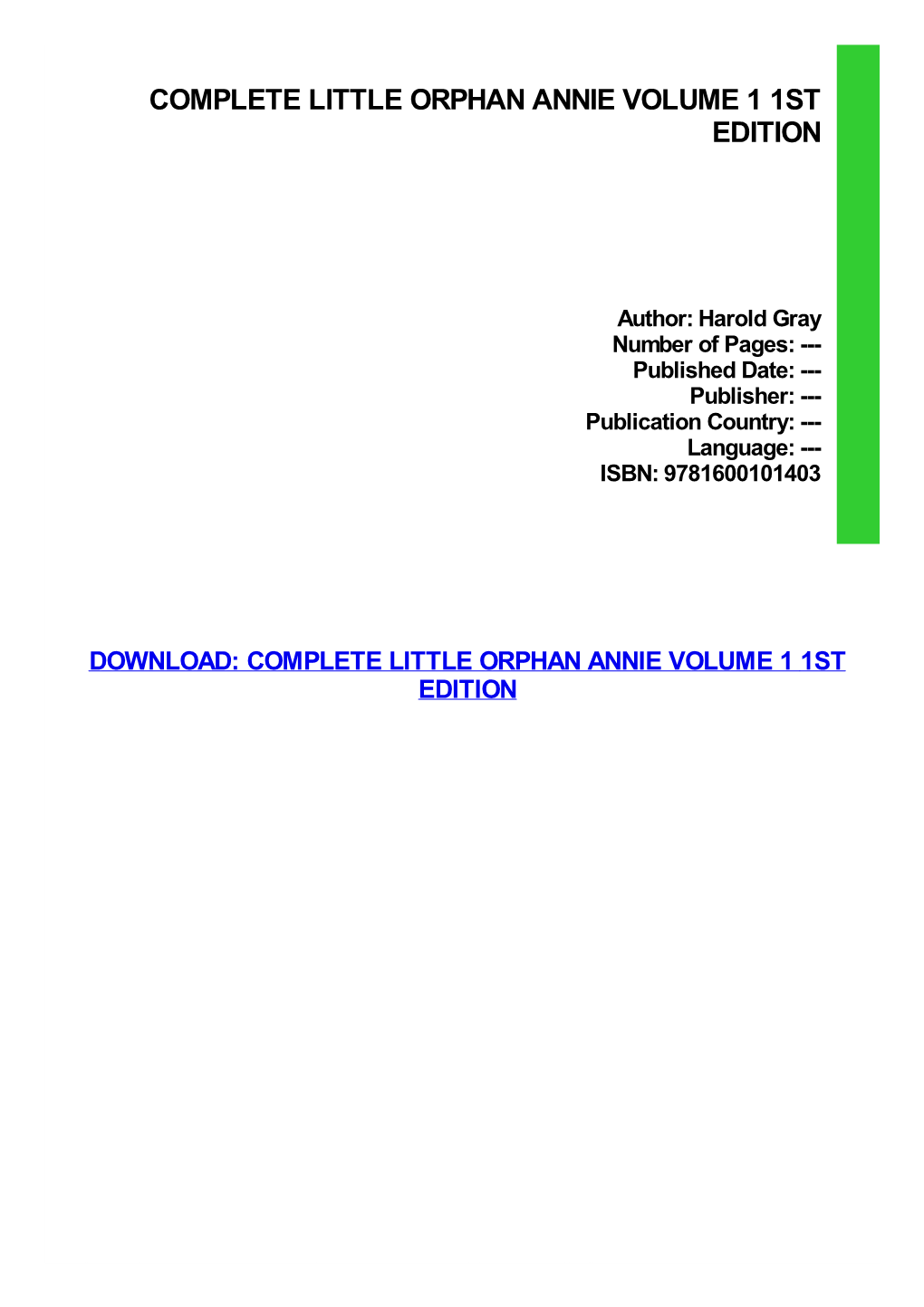 Complete Little Orphan Annie Volume 1 1St Edition Download Free