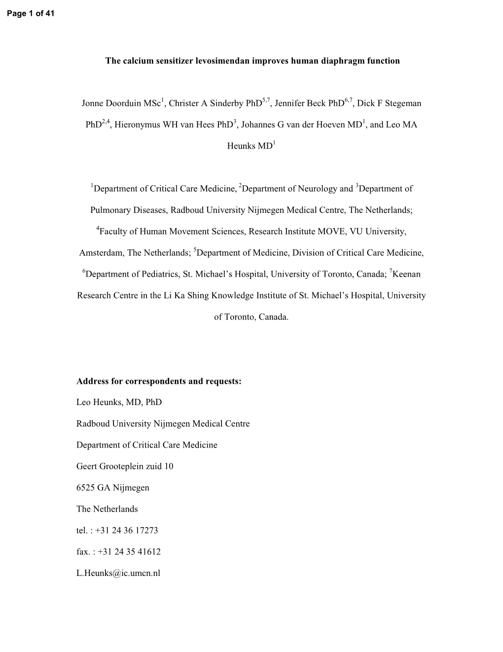 The Calcium Sensitizer Levosimendan Improves Human Diaphragm Function