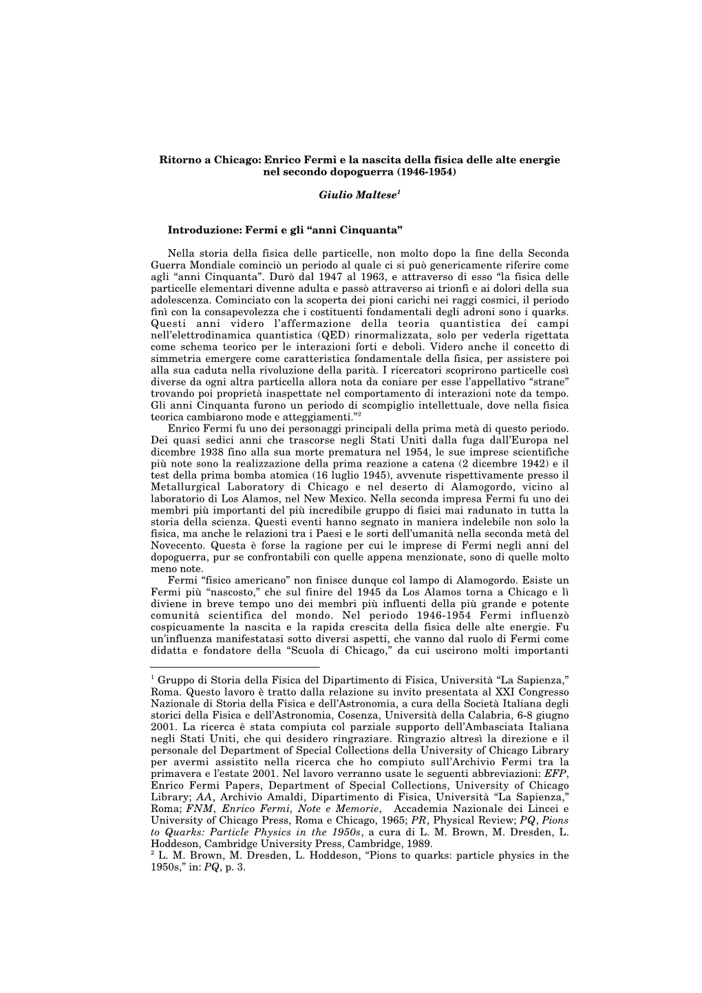 Ritorno a Chicago: Enrico Fermi E La Nascita Della Fisica Delle Alte Energie Nel Secondo Dopoguerra (1946-1954)