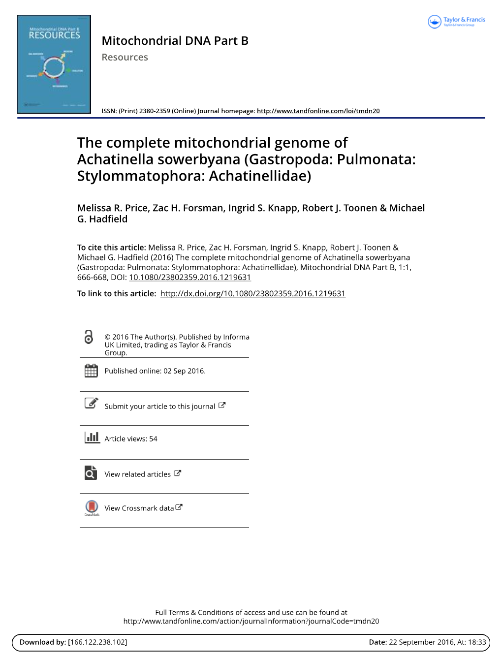The Complete Mitochondrial Genome of Achatinella Sowerbyana (Gastropoda: Pulmonata: Stylommatophora: Achatinellidae)