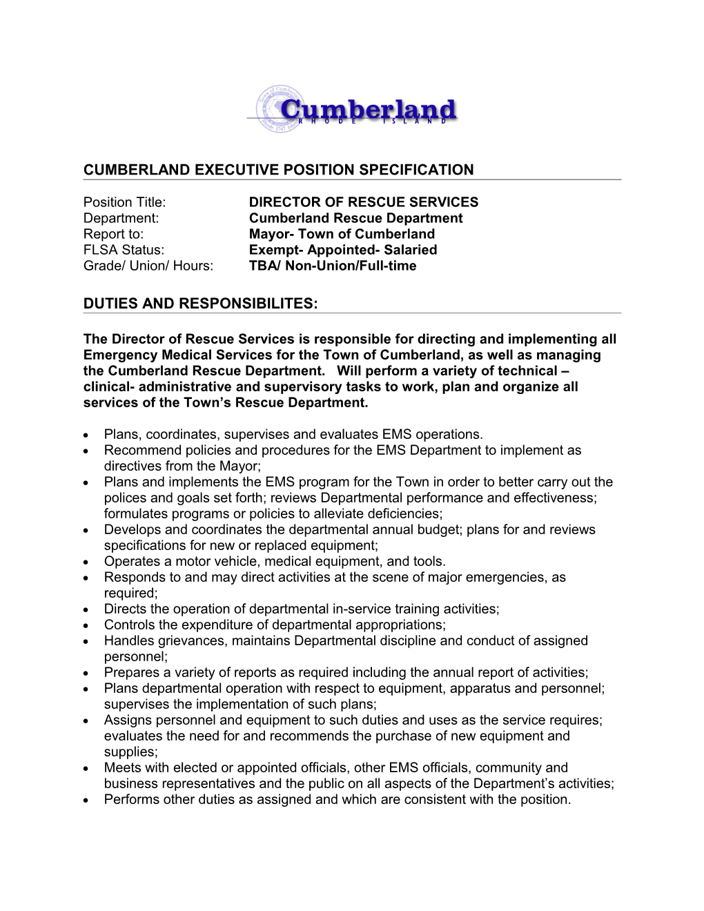 Cumberland Executive Position Specification