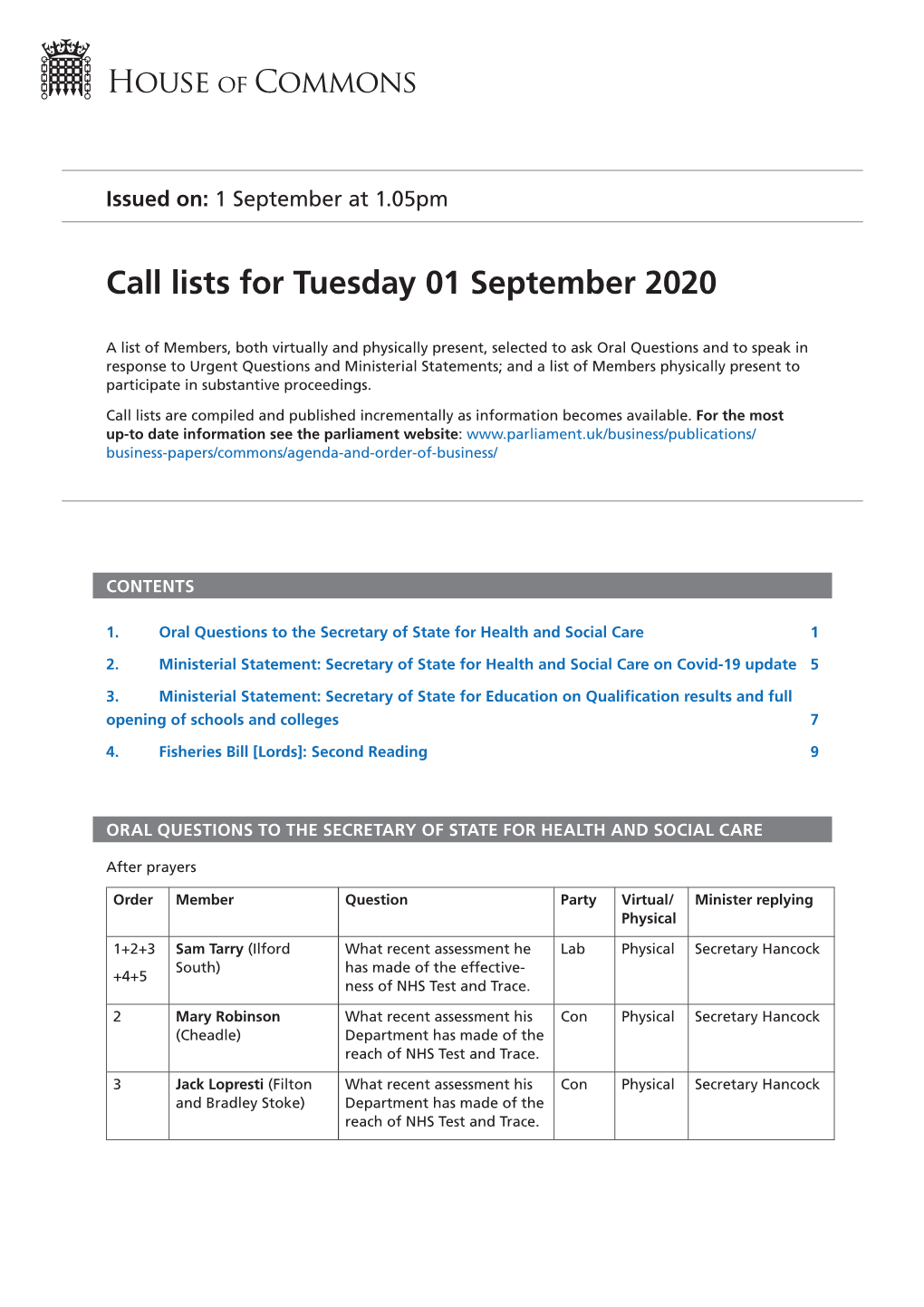 Call List for Tue 01 Sep 2020