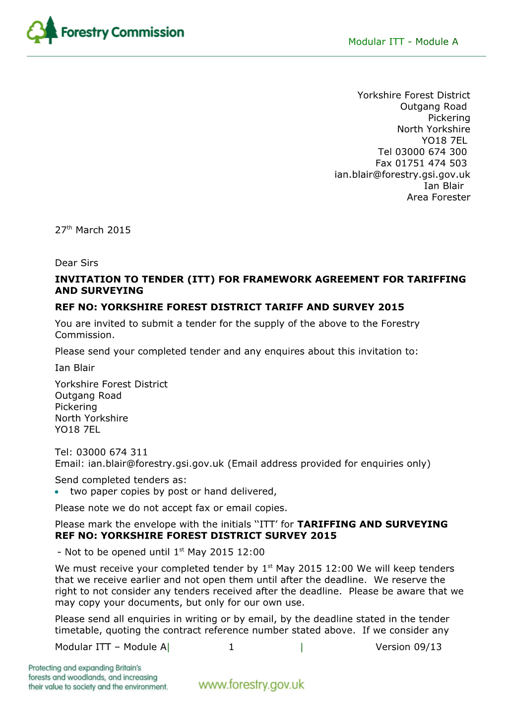 Invitation to Tender (Itt) for Framework Agreement for Tariffing and Surveying