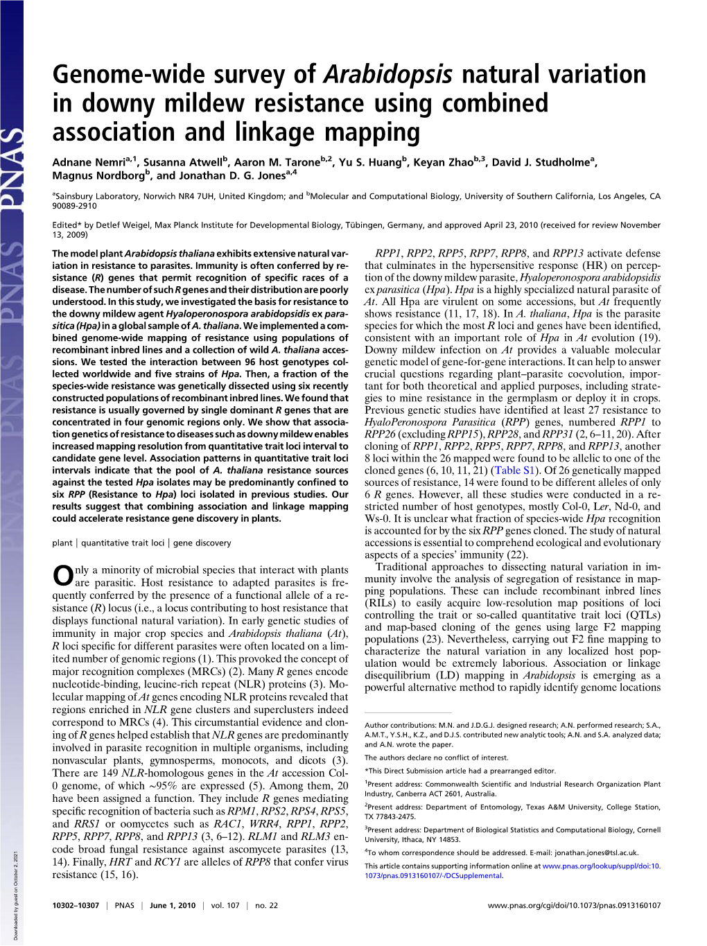 Genome-Wide Survey of Arabidopsis Natural Variation in Downy Mildew Resistance Using Combined Association and Linkage Mapping