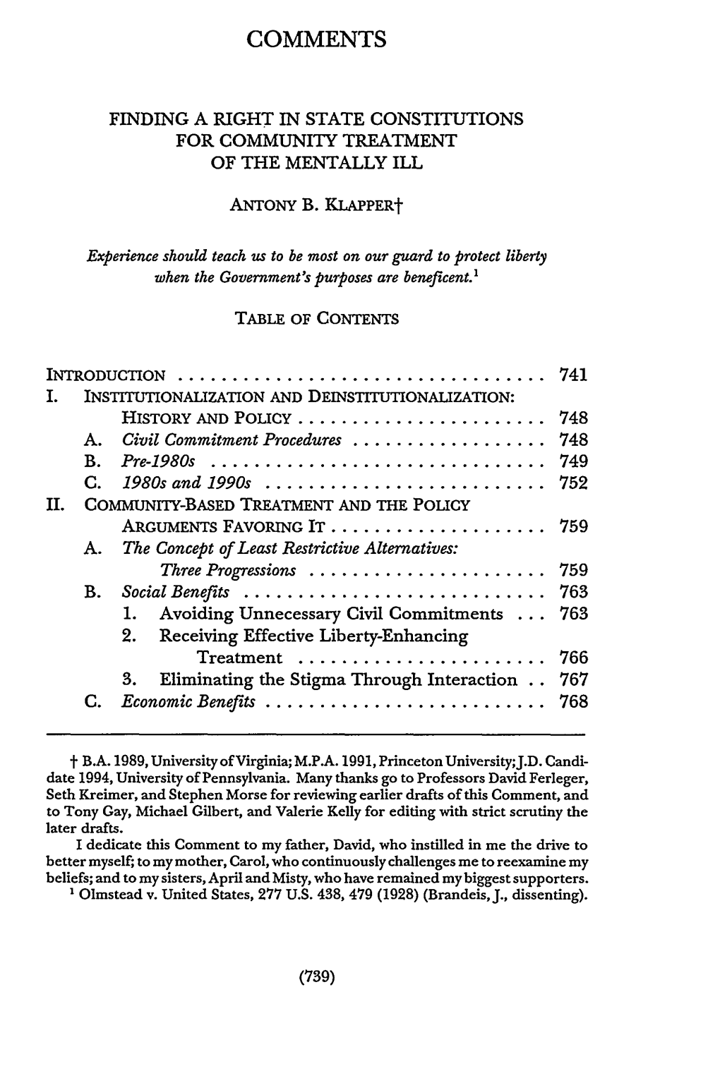 Finding a Right in State Constitutions for Community Treatment of the Mentally Ill