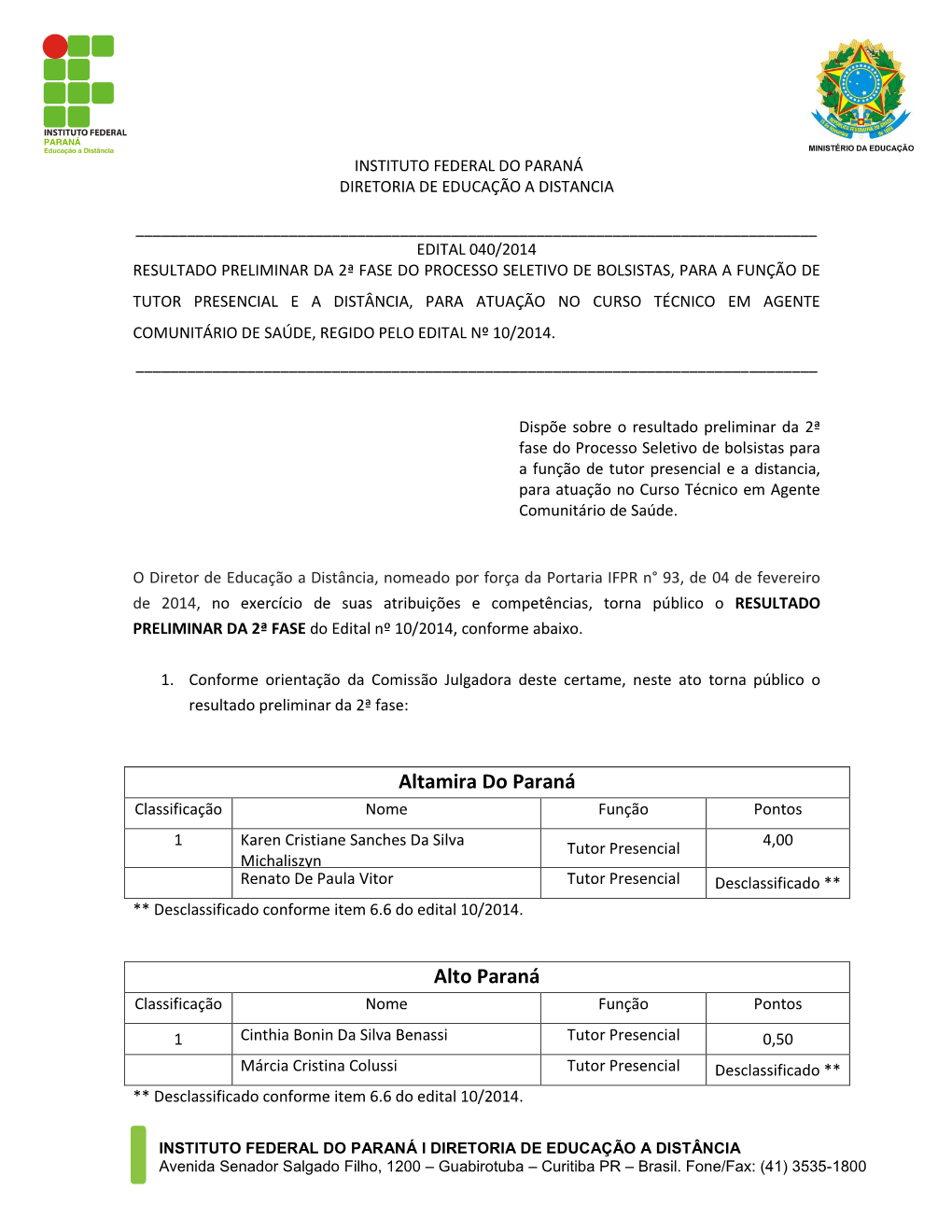 Resultado Preliminar Da 2ª Fase – Edital 10.2014