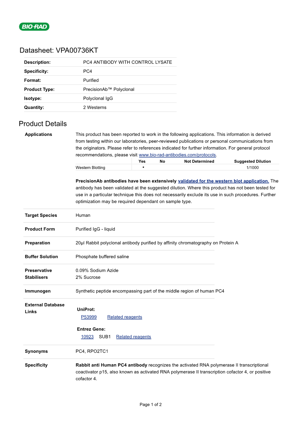 Datasheet: VPA00736KT Product Details