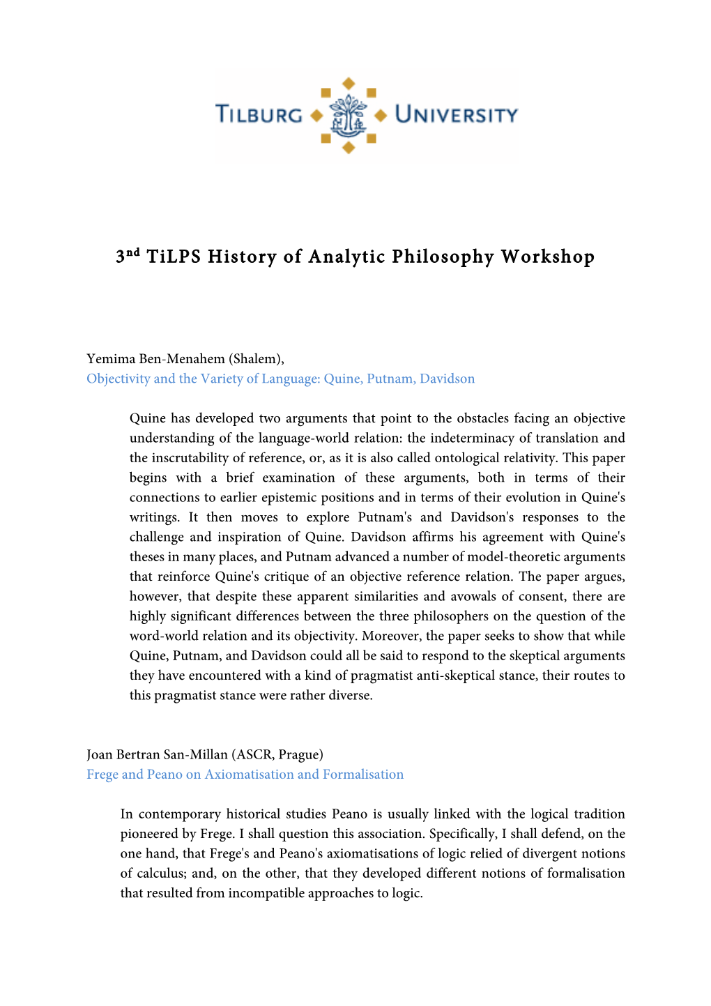 3Nd Tilps History of Analytic Philosophy Workshop