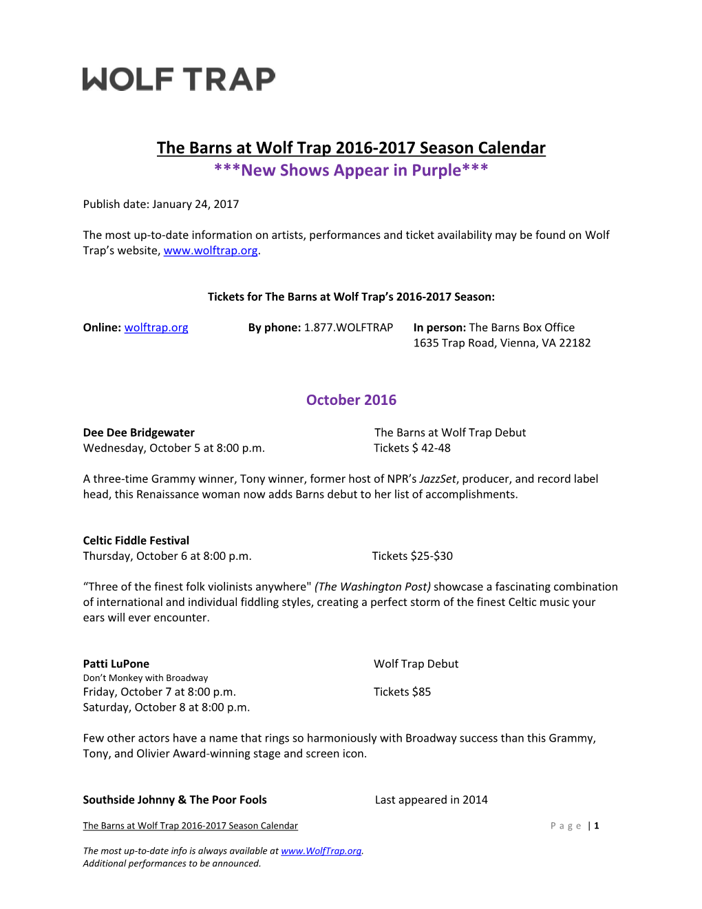 The Barns at Wolf Trap 2016-2017 Season Calendar ***New Shows Appear in Purple***