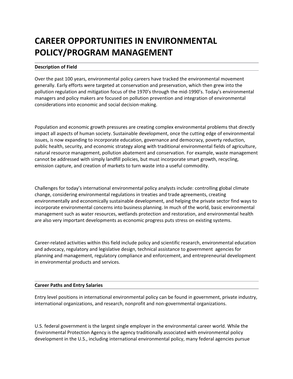 Career Opportunities in Environmental Policy/Program Management