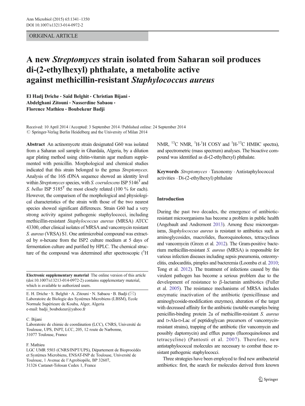 (2-Ethylhexyl) Phthalate, a Metabolite Active Against Methicillin-Resistant Staphylococcus Aureus