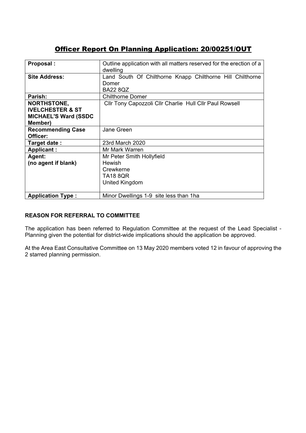 Officer Report on Planning Application: 20/00251/OUT