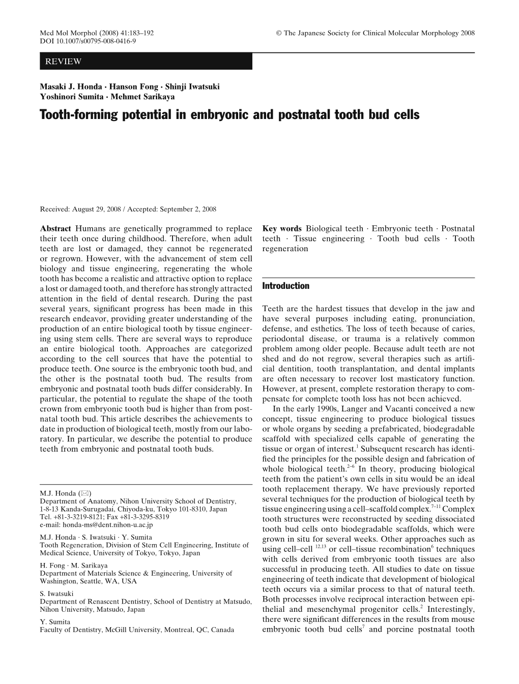 Tooth-Forming Potential in Embryonic and Postnatal Tooth Bud Cells