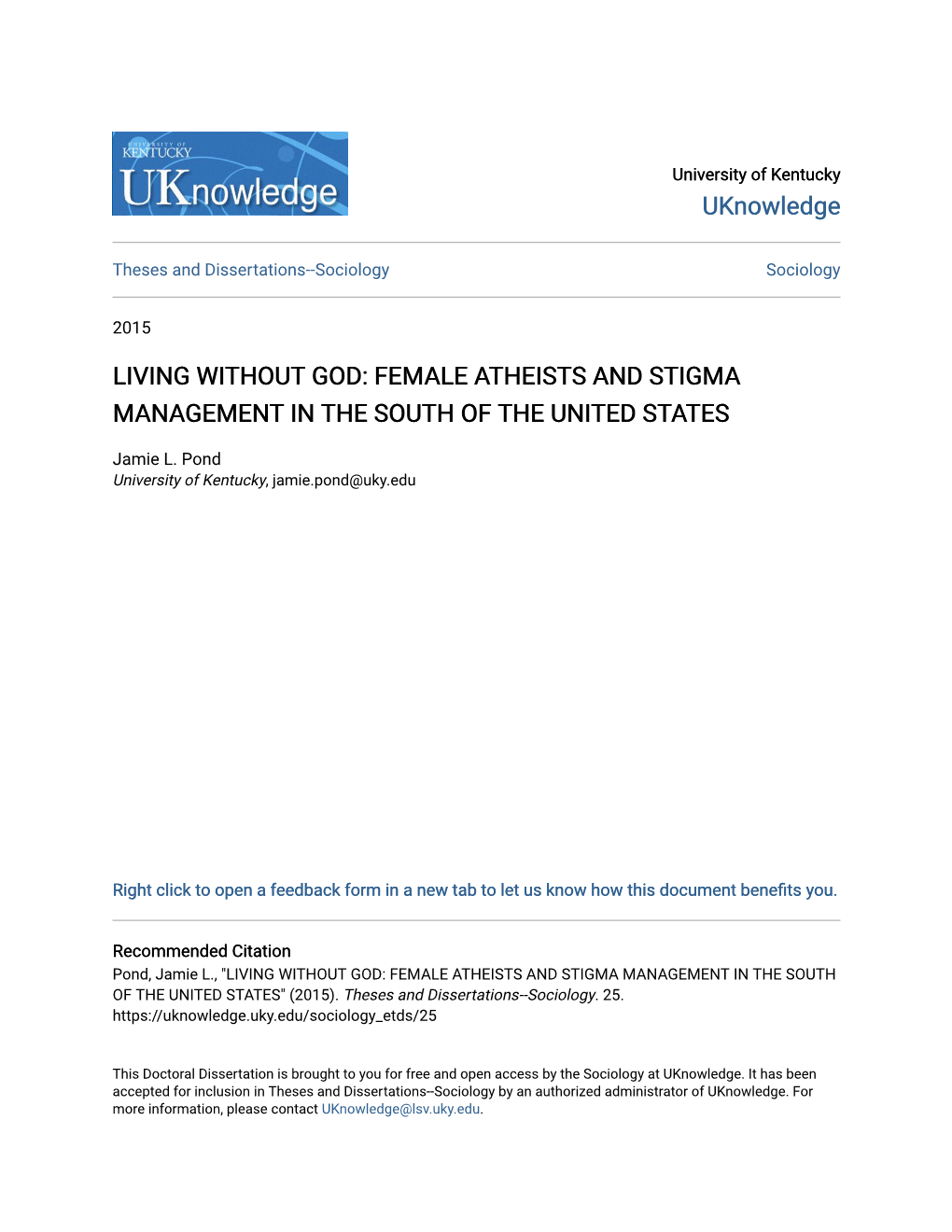 Living Without God: Female Atheists and Stigma Management in the South of the United States