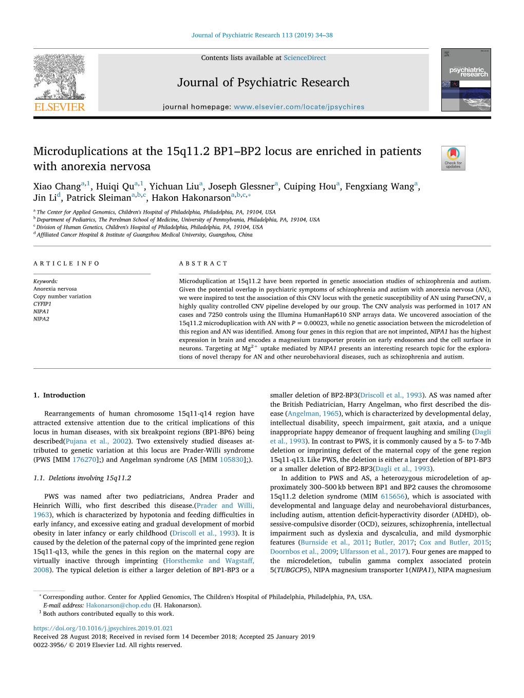 Microduplications at the 15Q11.2 BP1–BP2 Locus Are Enriched in Patients with Anorexia Nervosa T