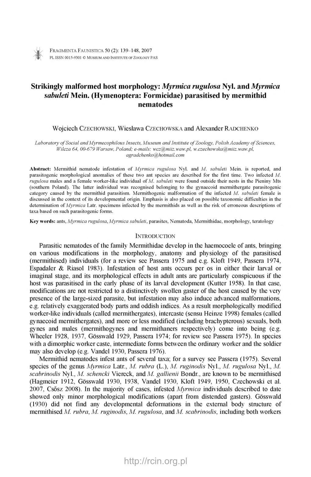 Hymenoptera: Formicidae) Parasitised by Mermithid Nematodes