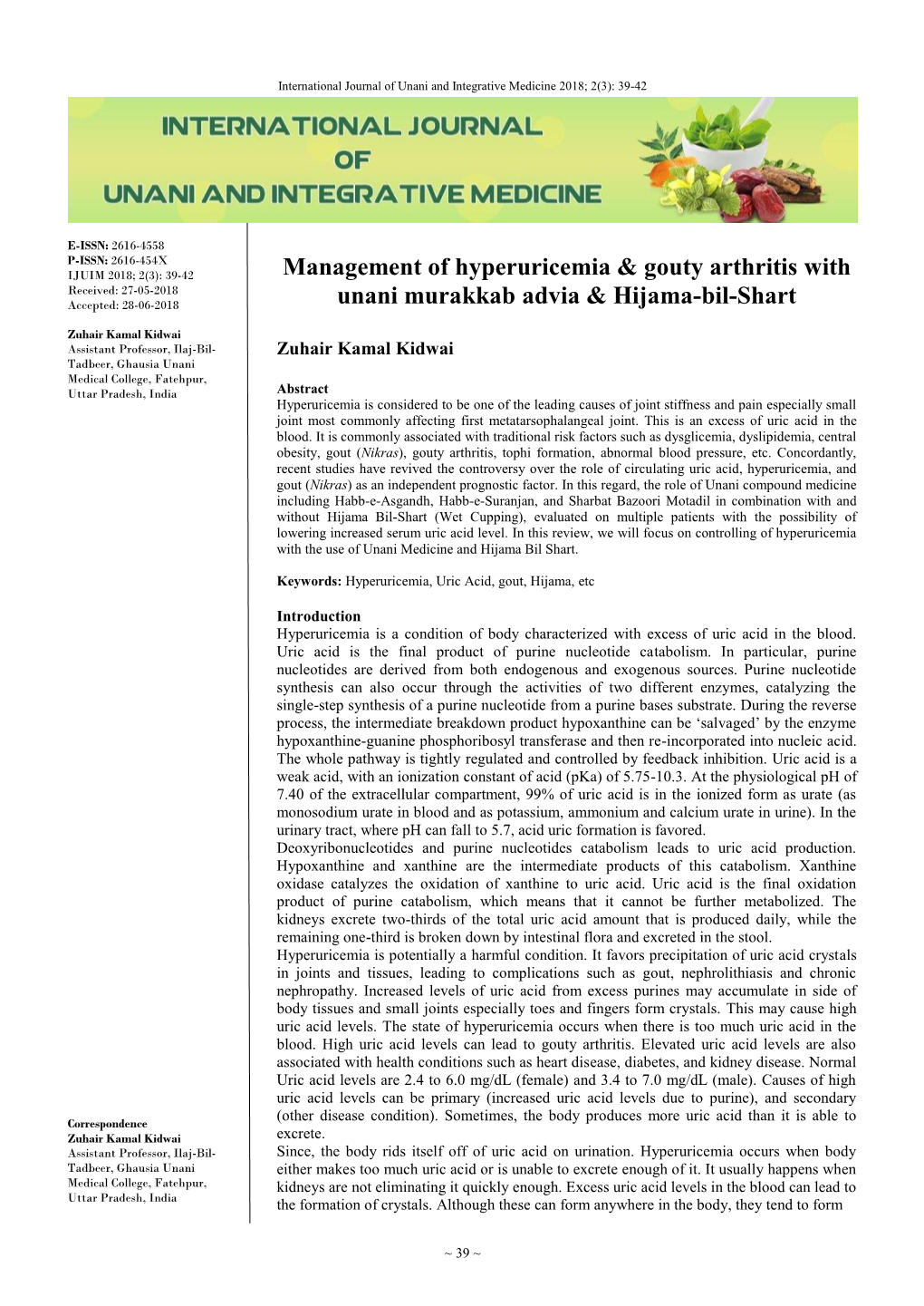 Management of Hyperuricemia & Gouty Arthritis with Unani Murakkab