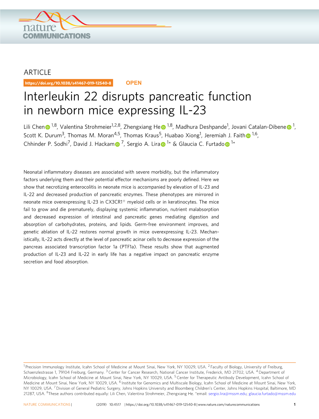Interleukin 22 Disrupts Pancreatic Function in Newborn Mice Expressing IL-23
