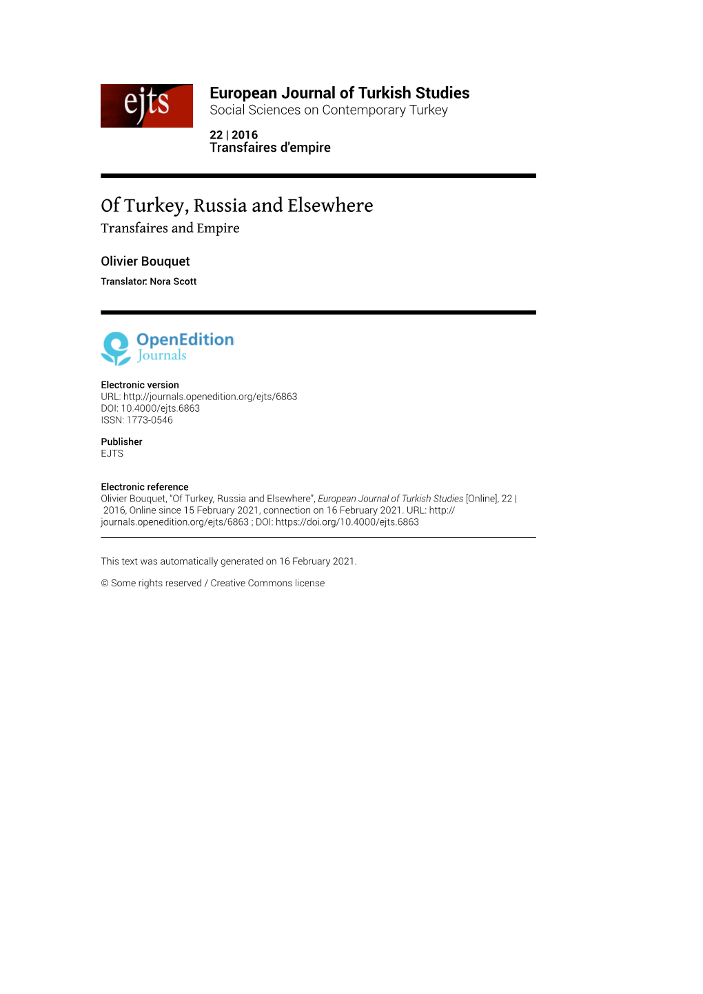 European Journal of Turkish Studies, 22 | 2016 of Turkey, Russia and Elsewhere 2