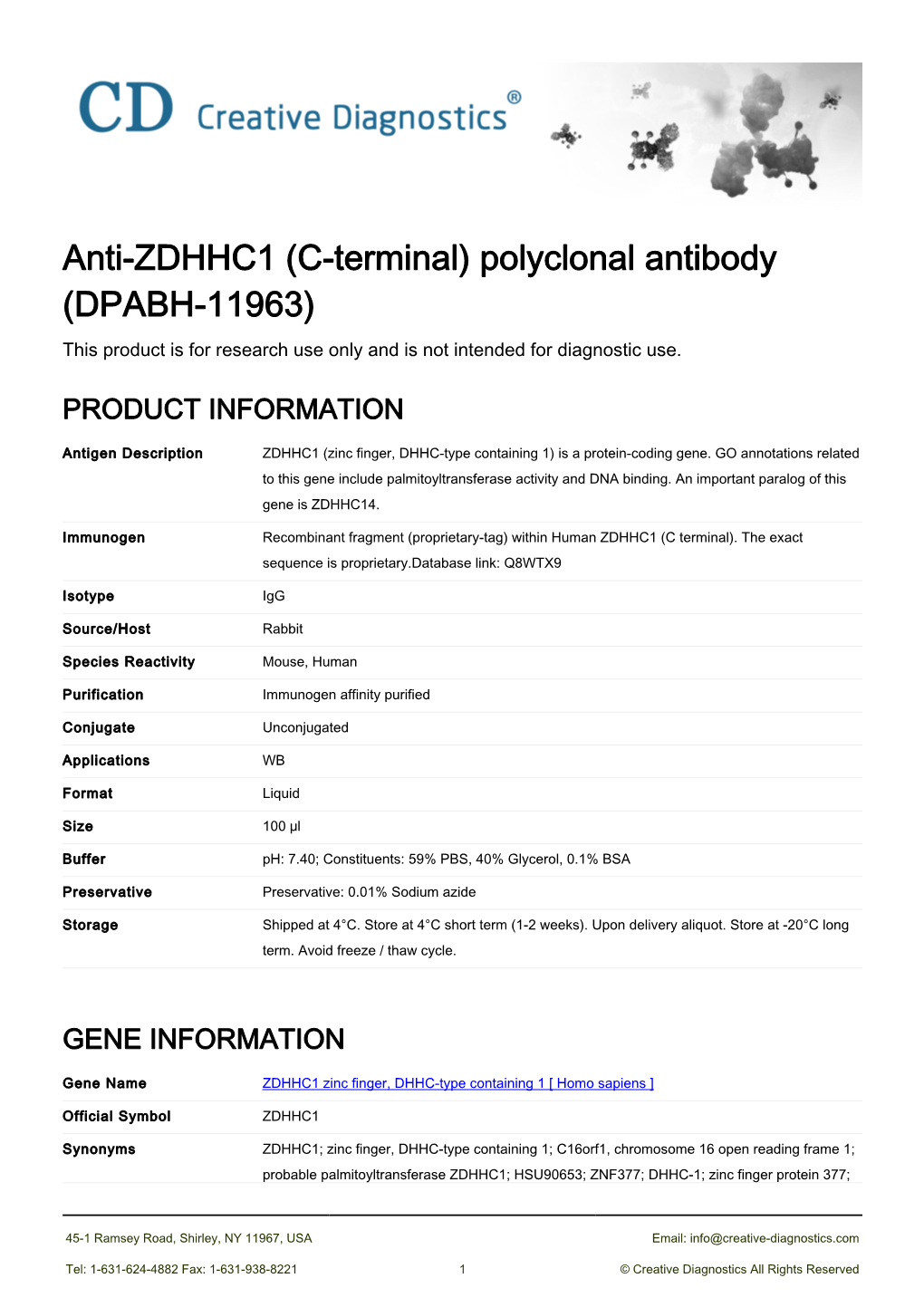 Anti-ZDHHC1 (C-Terminal) Polyclonal Antibody (DPABH-11963) This Product Is for Research Use Only and Is Not Intended for Diagnostic Use